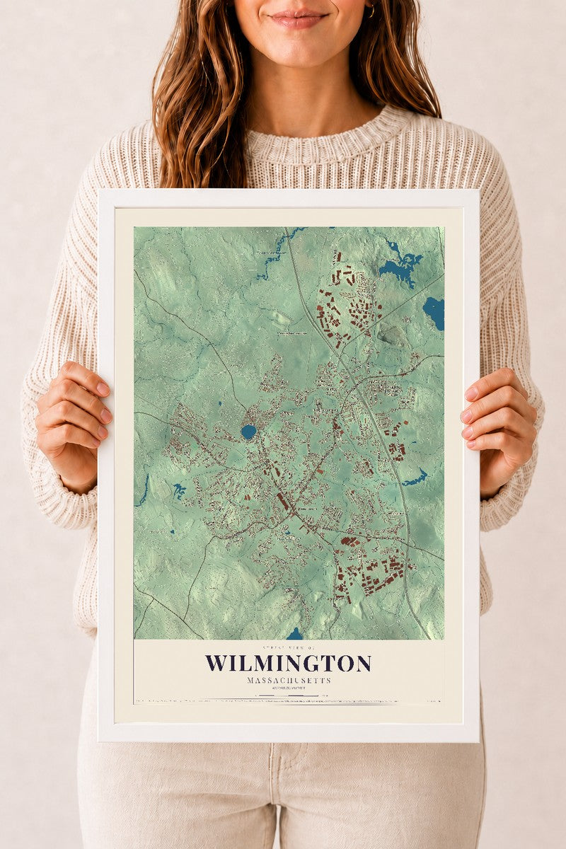 Wilmington, Massachusetts map print - 12 x 18 white Ayous wood frame