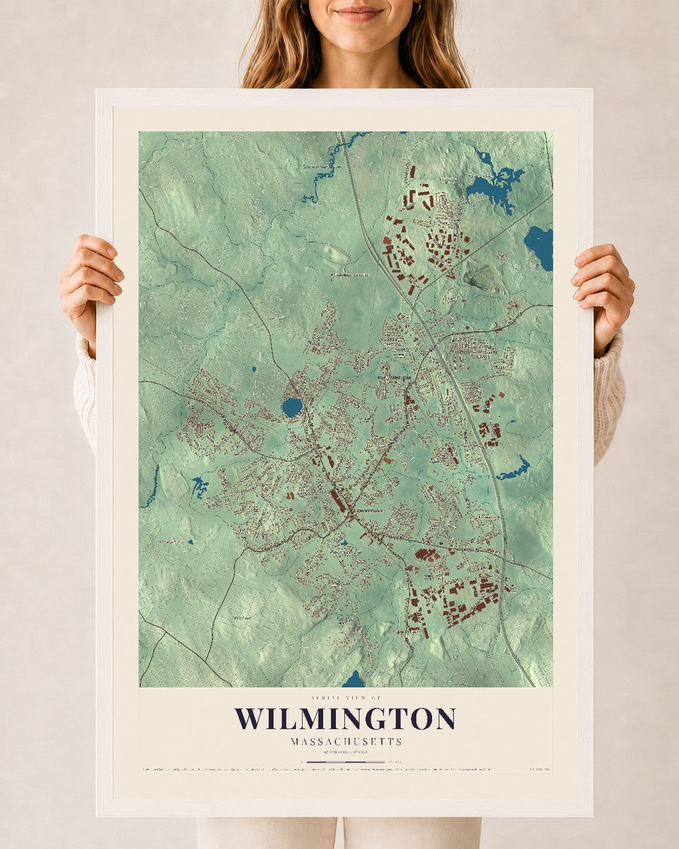 Wilmington, Massachusetts map print - 24 x 36 white Ayous wood frame