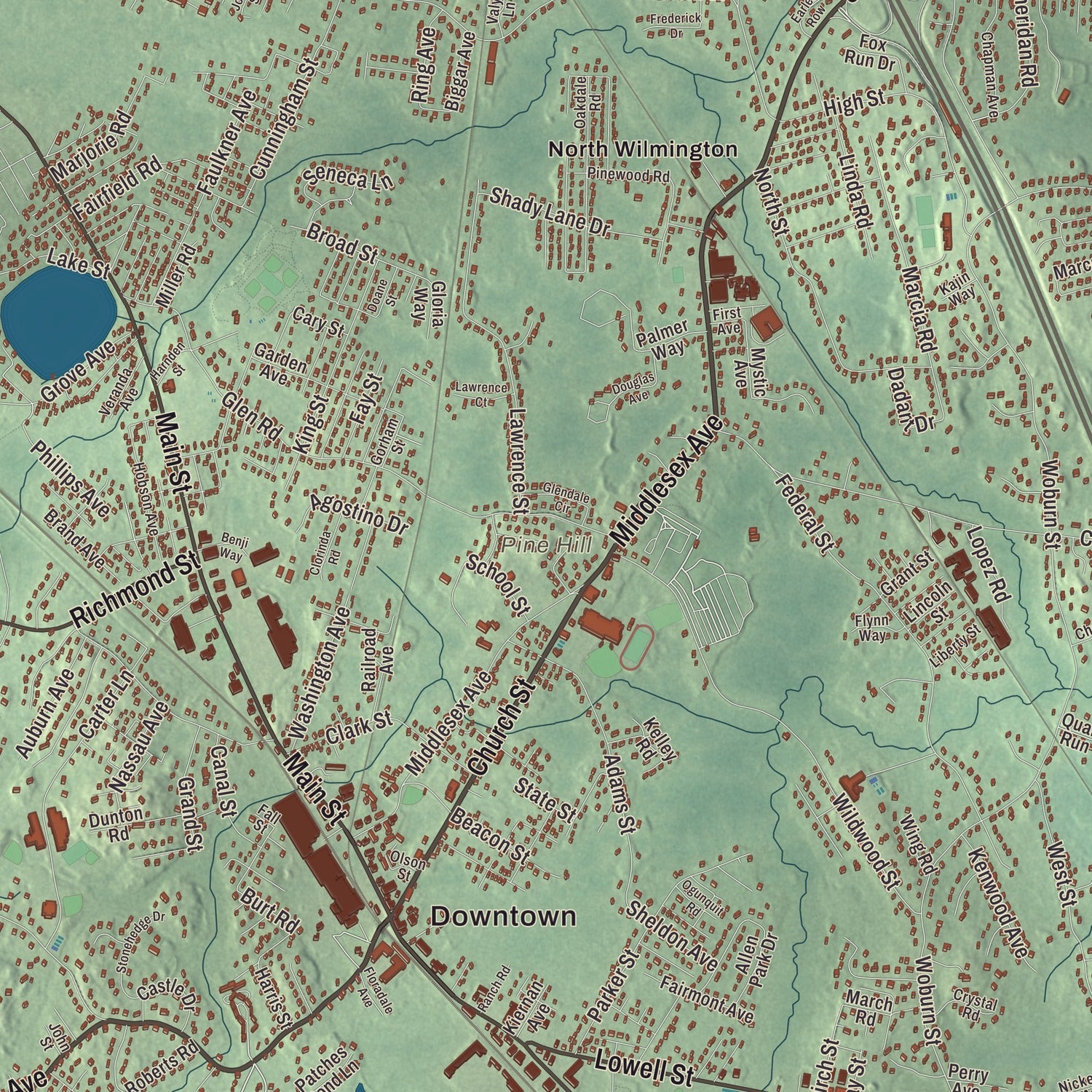 Terrain and local geography detail from the Wilmington, Massachusetts map