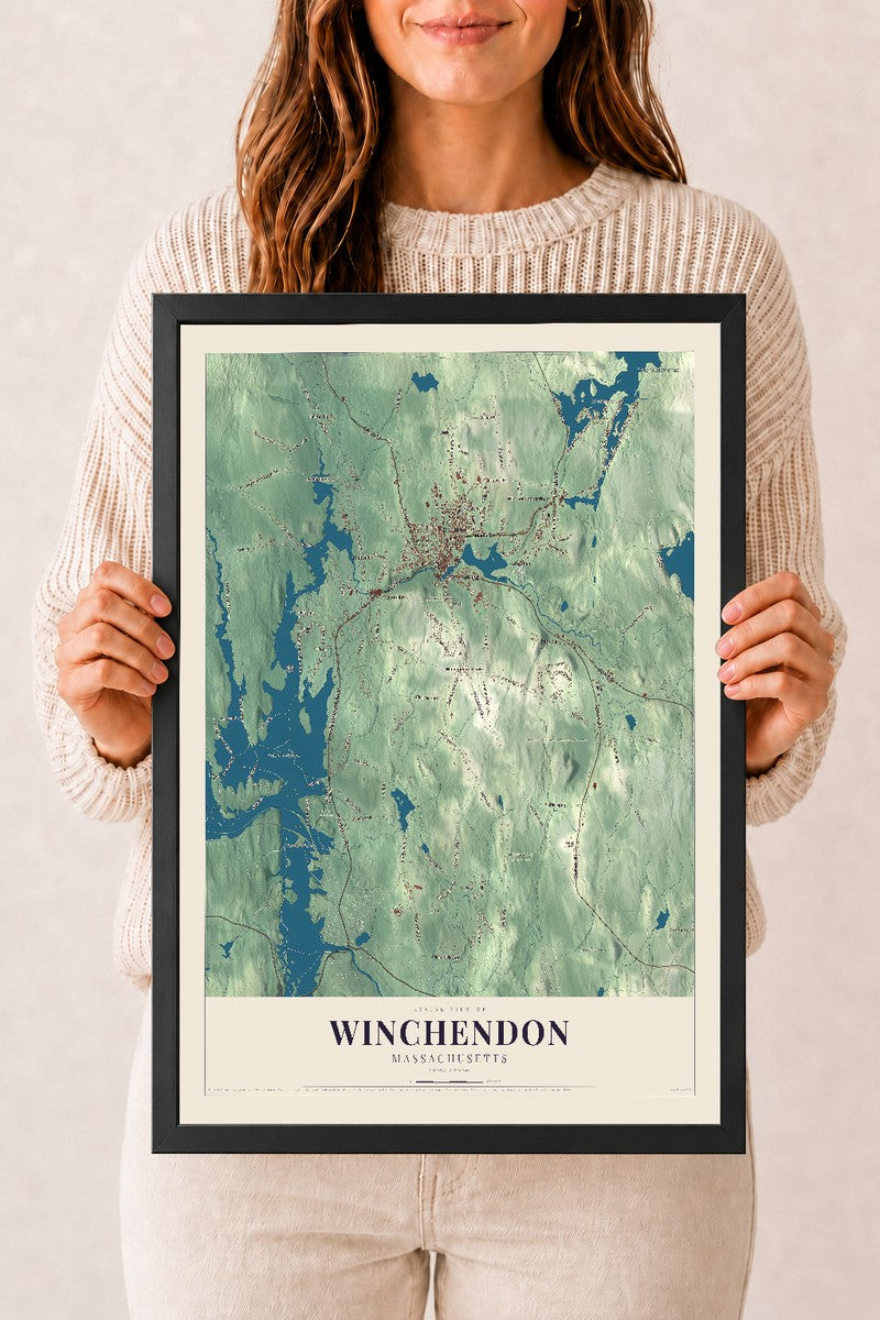 Winchendon, Massachusetts map print - 12 x 18 black Ayous wood frame