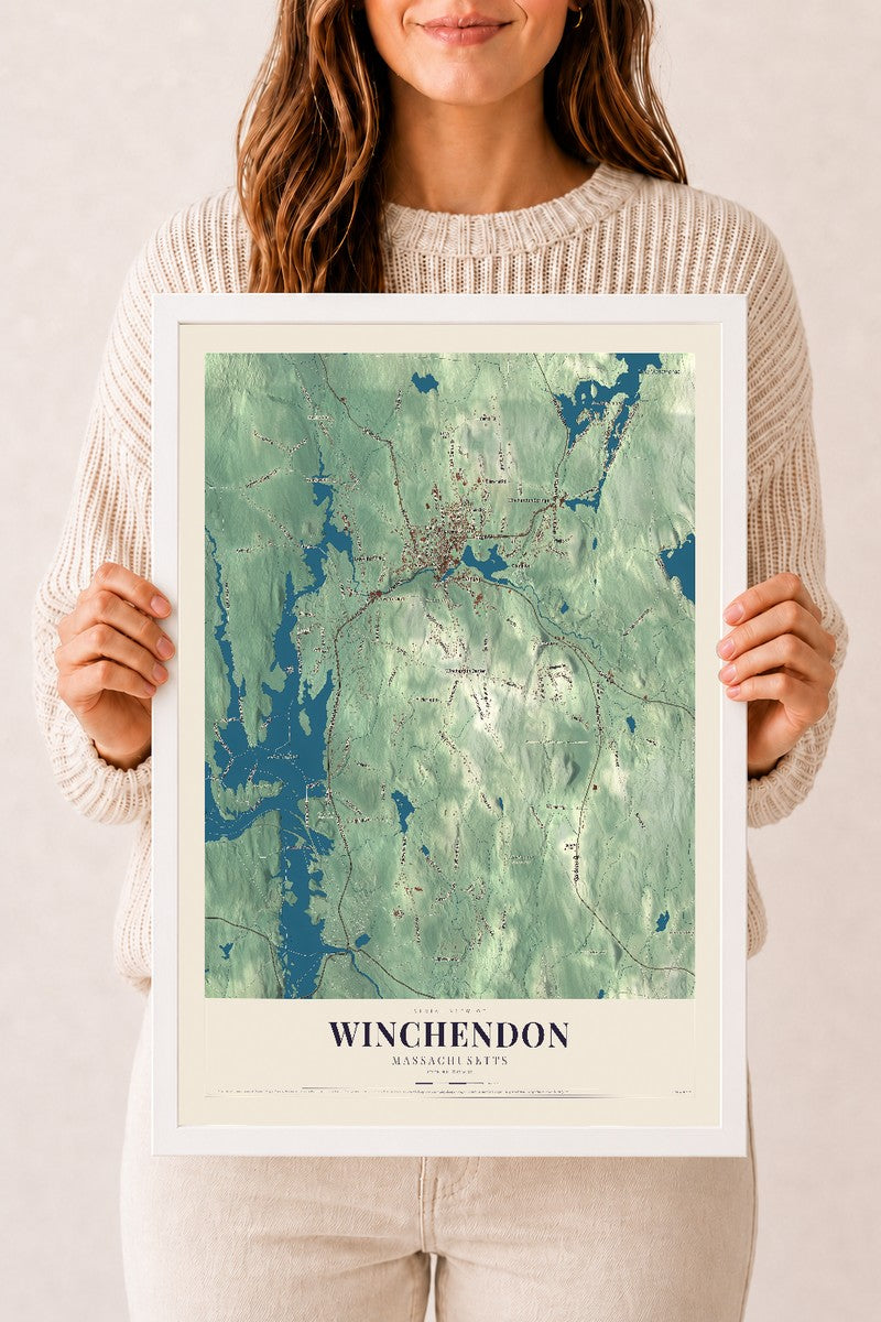 Winchendon, Massachusetts map print - 12 x 18 white Ayous wood frame