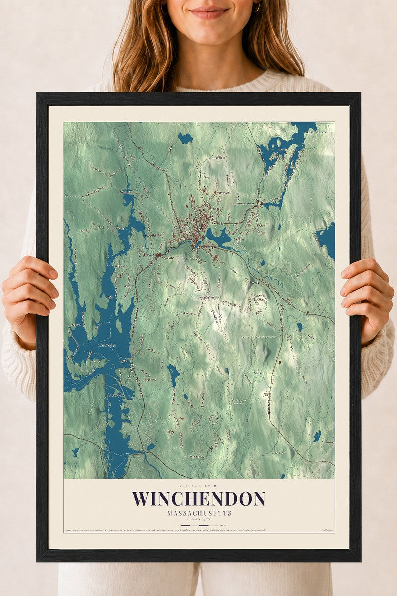 Winchendon, Massachusetts map print - 18 x 24 black Ayous wood frame