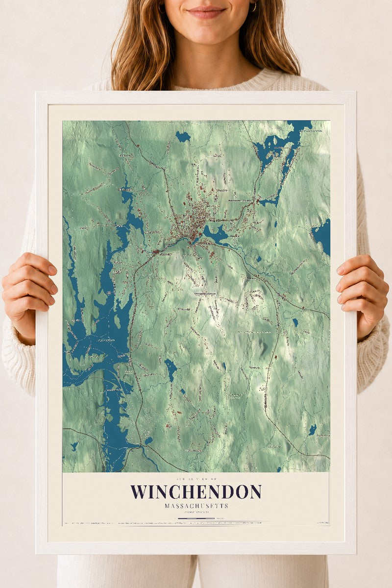Winchendon, Massachusetts map print - 18 x 24 white Ayous wood frame