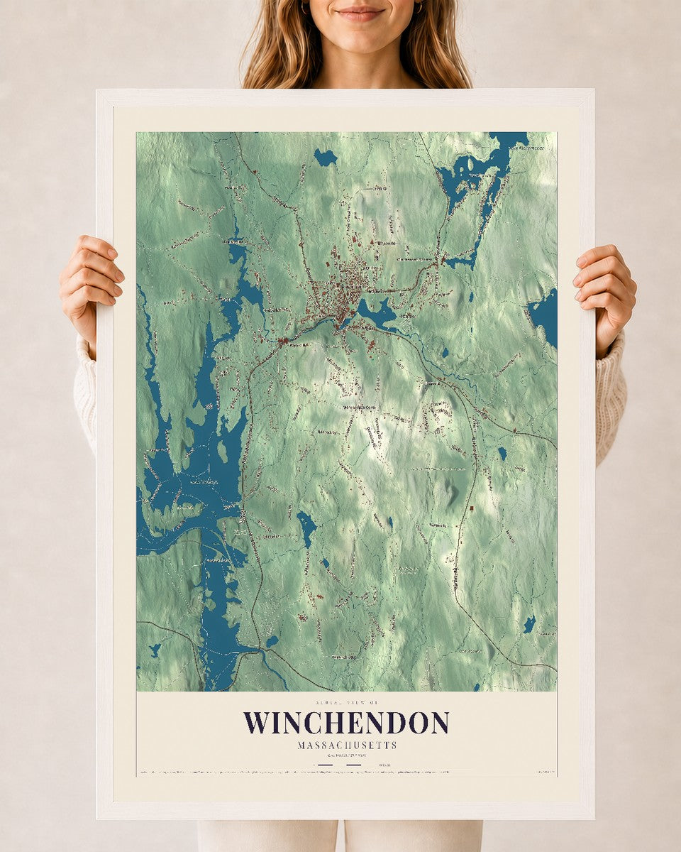 Winchendon, Massachusetts map print - 24 x 36 white Ayous wood frame