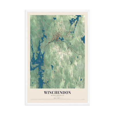 Winchendon, Massachusetts map print - 12 x 18 white Ayous wood frame
