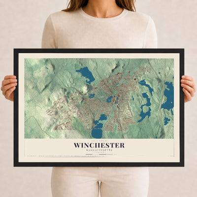 Winchester, Massachusetts map print - 12 x 18 black Ayous wood frame