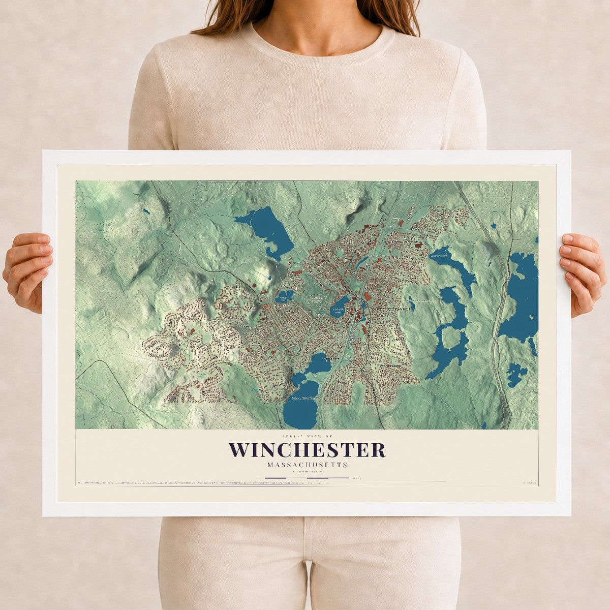 Winchester, Massachusetts map print - 12 x 18 white Ayous wood frame