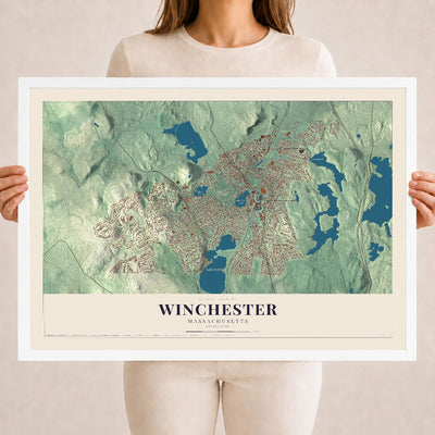 Winchester, Massachusetts map print - 18 x 24 white Ayous wood frame