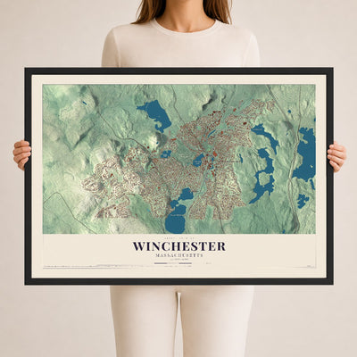 Winchester, Massachusetts map print - 24 x 36 black Ayous wood frame