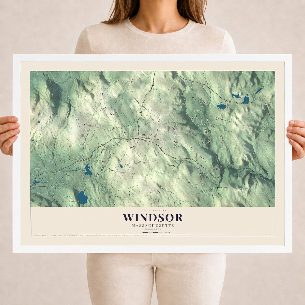 Windsor, Massachusetts map print - 18 x 24 white Ayous wood frame