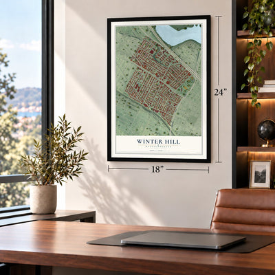 Winter Hill, Massachusetts map, 18 x 24 inch print in a black frame in a home office