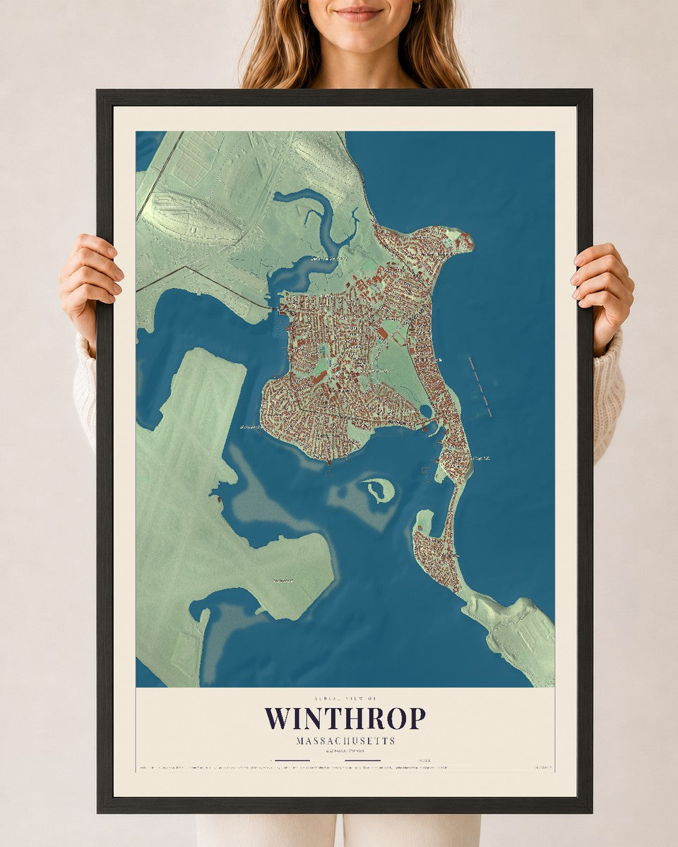 Winthrop, Massachusetts map print - 24 x 36 black Ayous wood frame