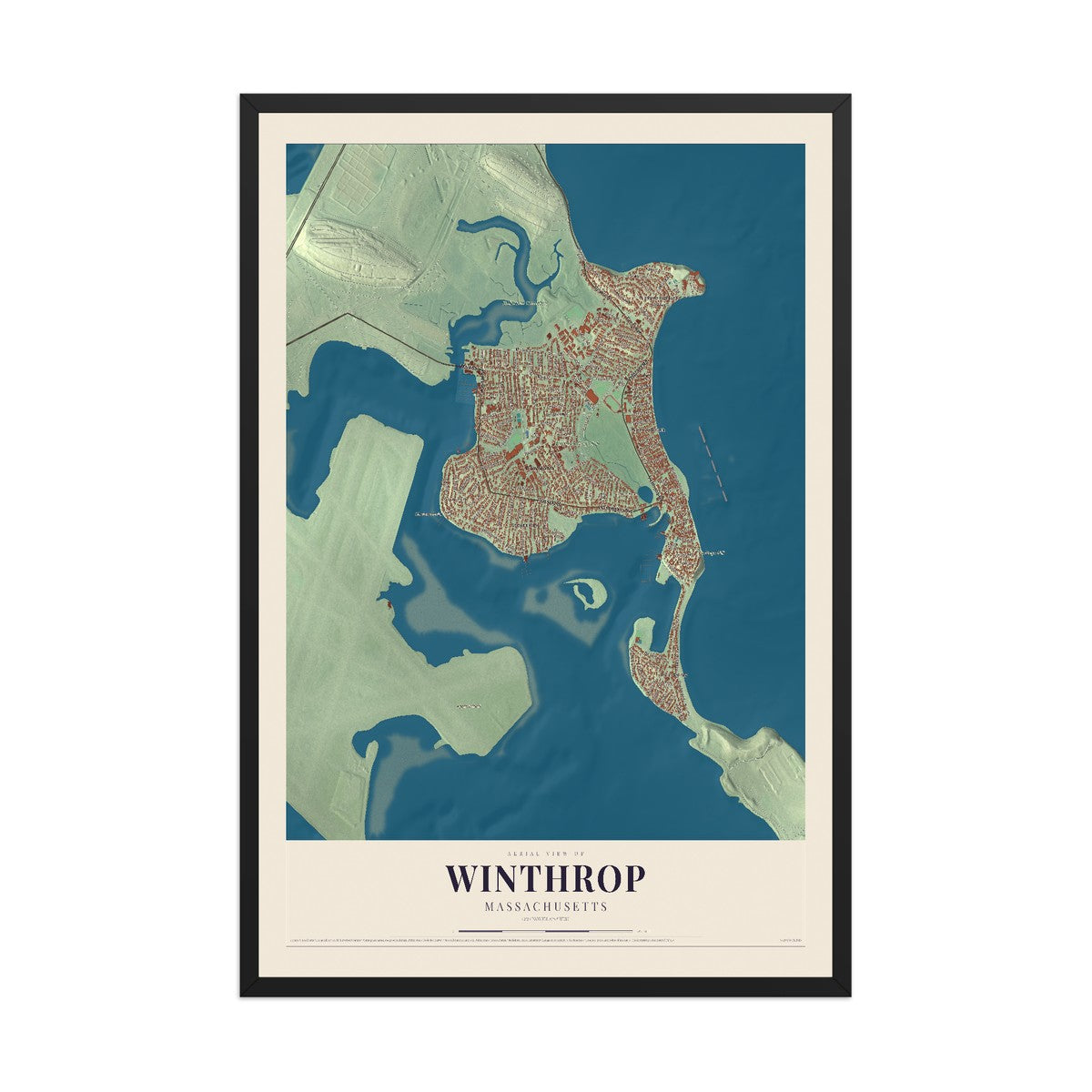 Map of Winthrop, Massachusetts, 12 x 18 inch print in a black wood frame