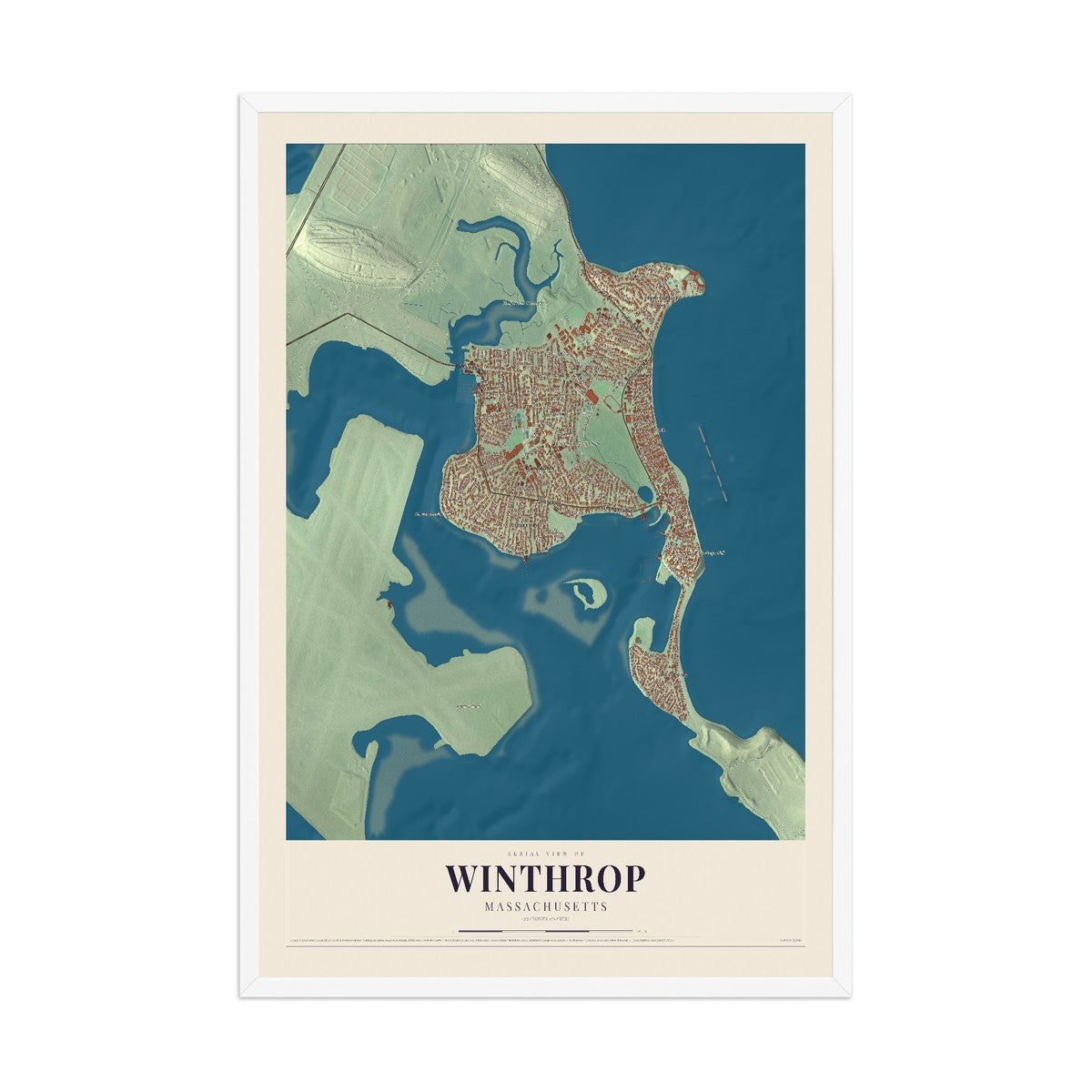 Map of Winthrop, Massachusetts, 12 x 18 inch print in a white wood frame