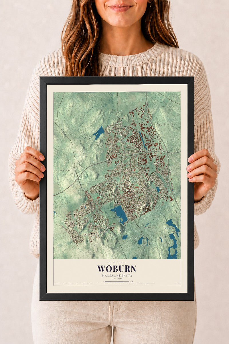 Woburn, Massachusetts map print - 12 x 18 black Ayous wood frame
