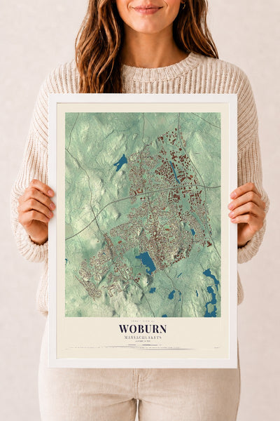 Woburn, Massachusetts map print - 12 x 18 white Ayous wood frame