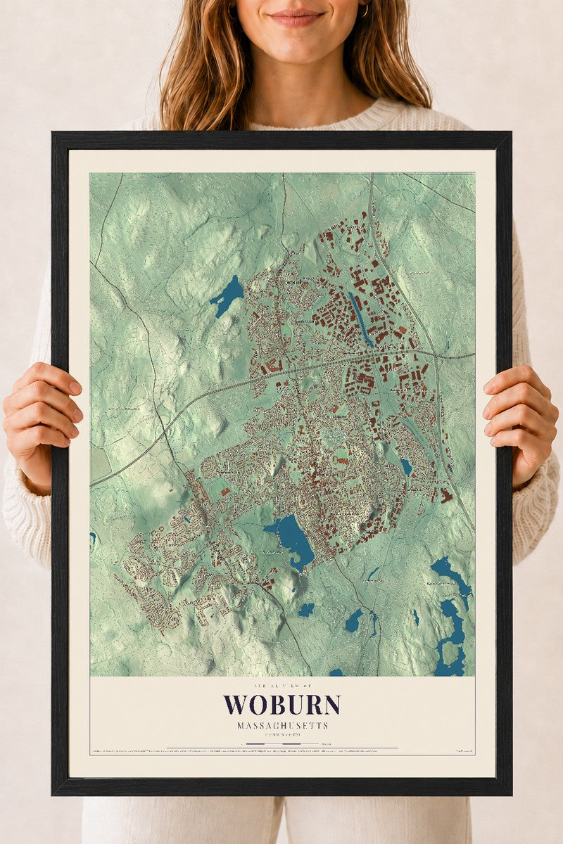 Woburn, Massachusetts map print - 18 x 24 black Ayous wood frame