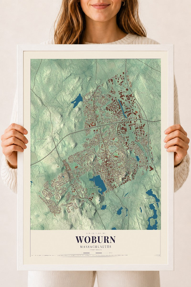 Woburn, Massachusetts map print - 18 x 24 white Ayous wood frame