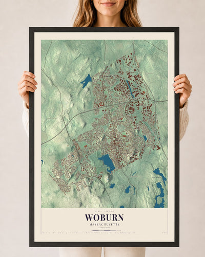 Woburn, Massachusetts map print - 24 x 36 black Ayous wood frame