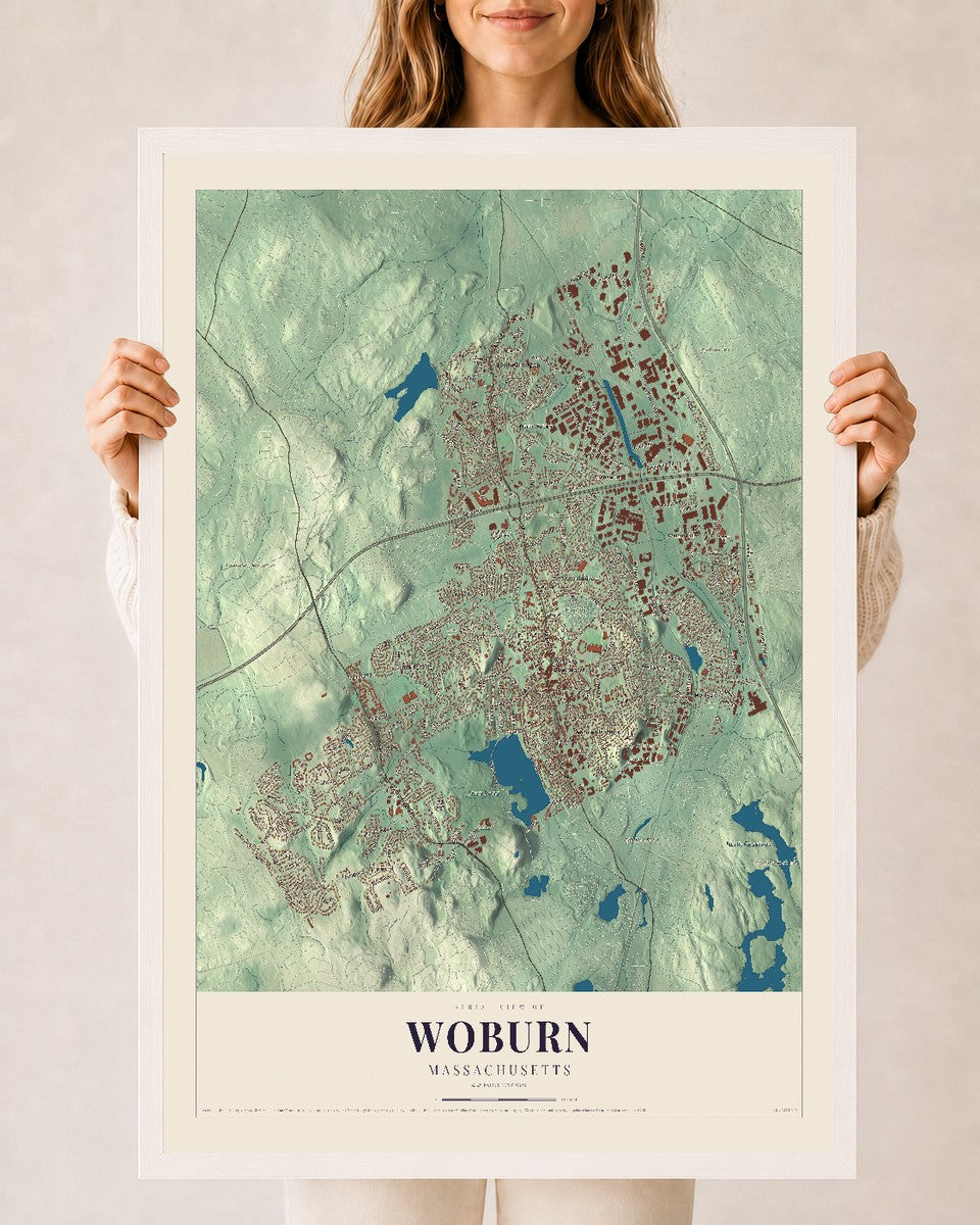 Woburn, Massachusetts map print - 24 x 36 white Ayous wood frame