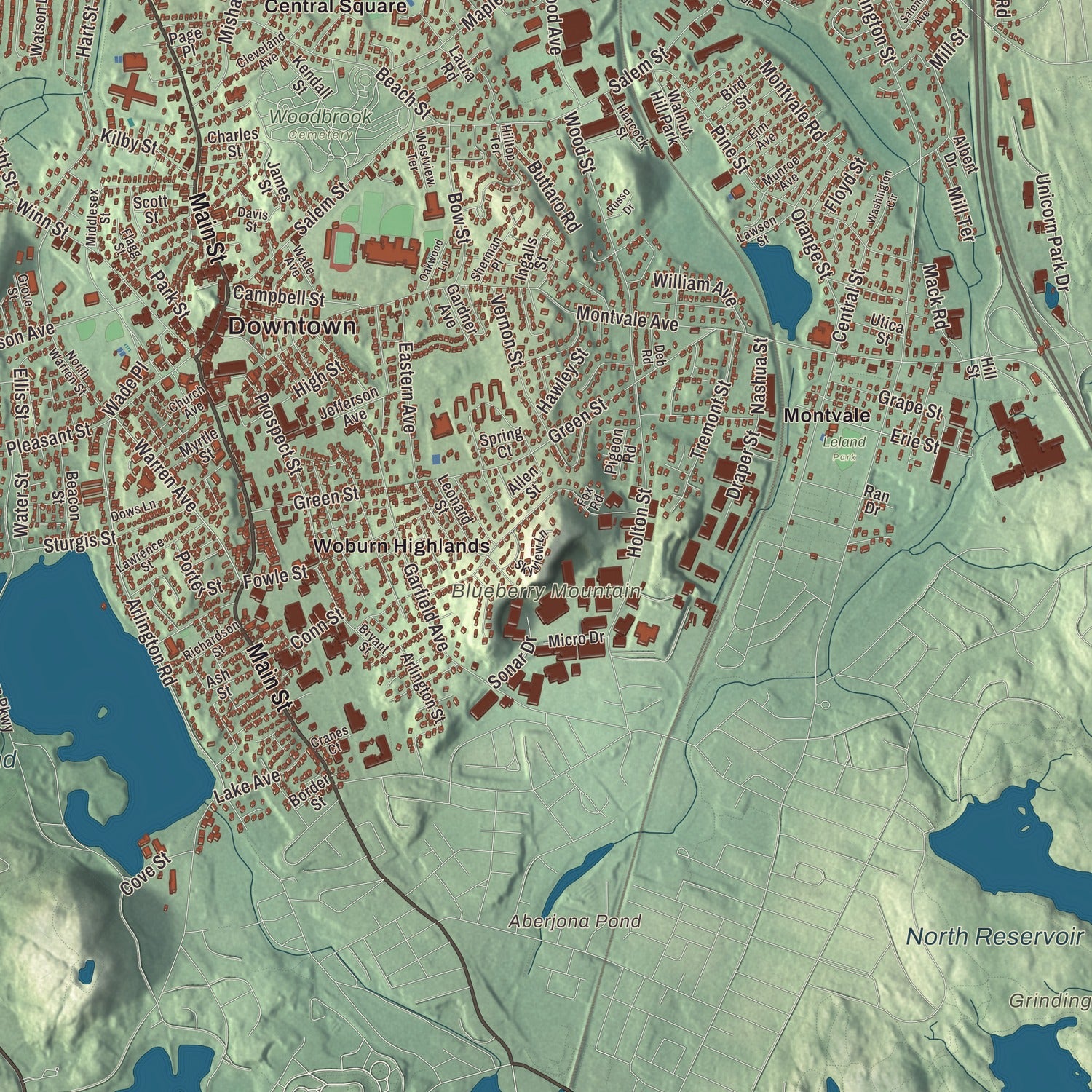Terrain and local geography detail from the Woburn, Massachusetts map
