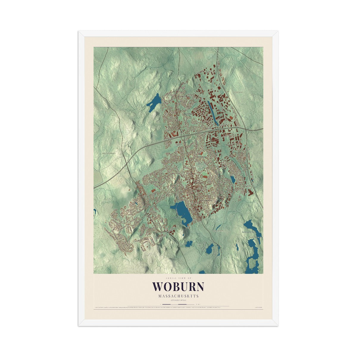 Map of Woburn, Massachusetts, 12 x 18 inch print in a white wood frame