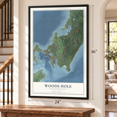 Woods Hole, Massachusetts map, 24 x 36 inch print in a black frame by a staircase