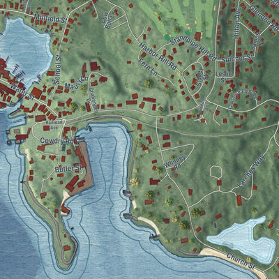 Close-up of the map of Woods Hole, Massachusetts print showing street and building detail
