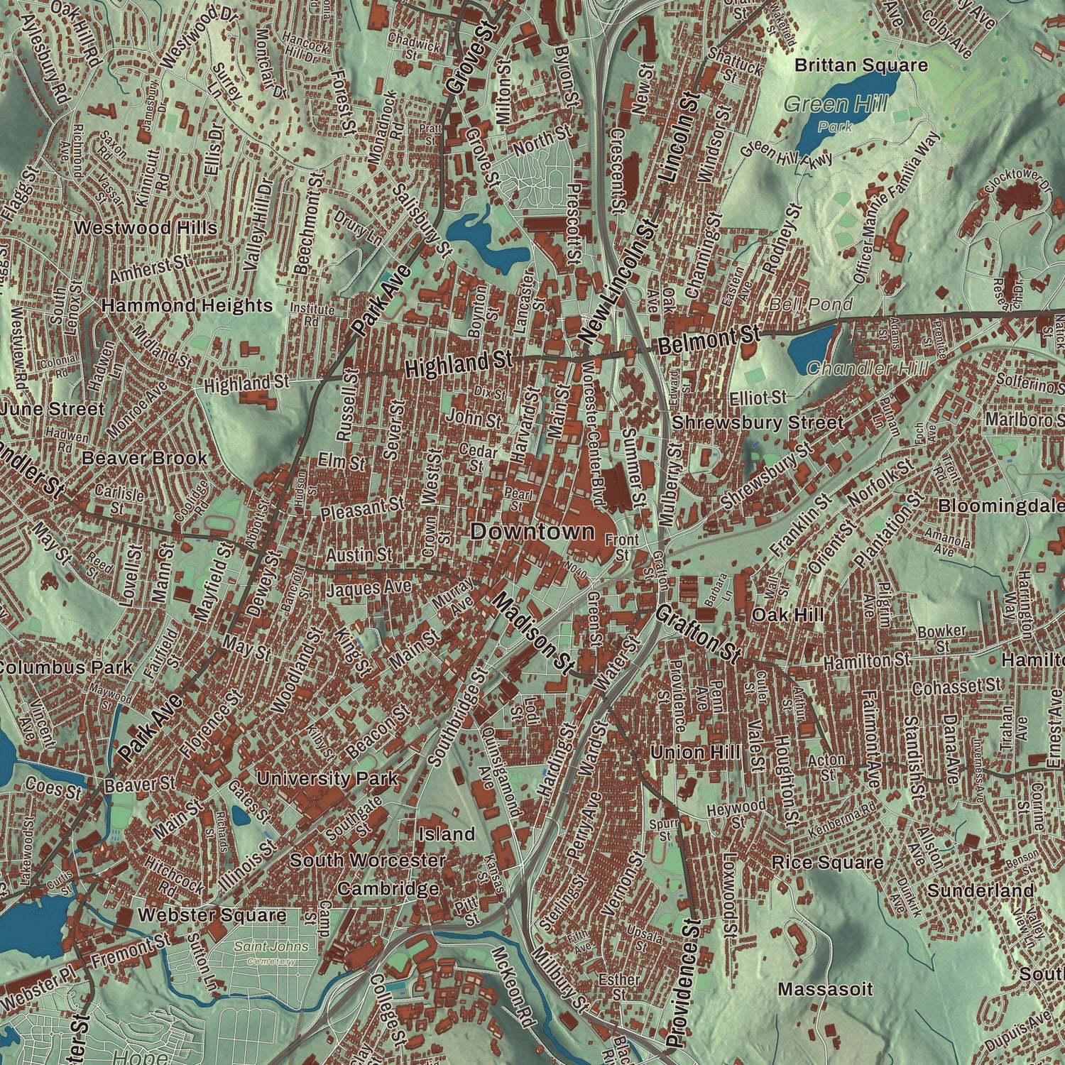 Street and neighborhood detail from the Worcester, Massachusetts map