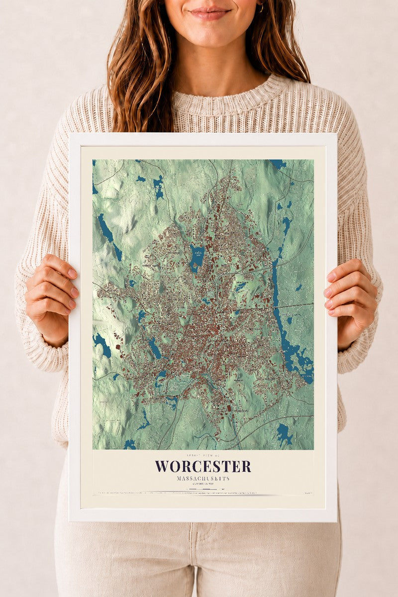 Worcester, Massachusetts map print - 12 x 18 white Ayous wood frame