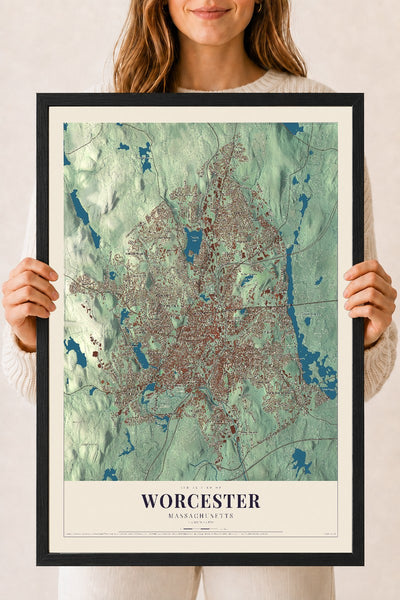 Worcester, Massachusetts map print - 18 x 24 black Ayous wood frame