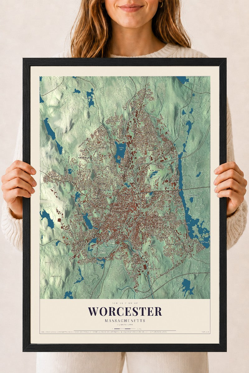 Worcester, Massachusetts map print - 18 x 24 black Ayous wood frame