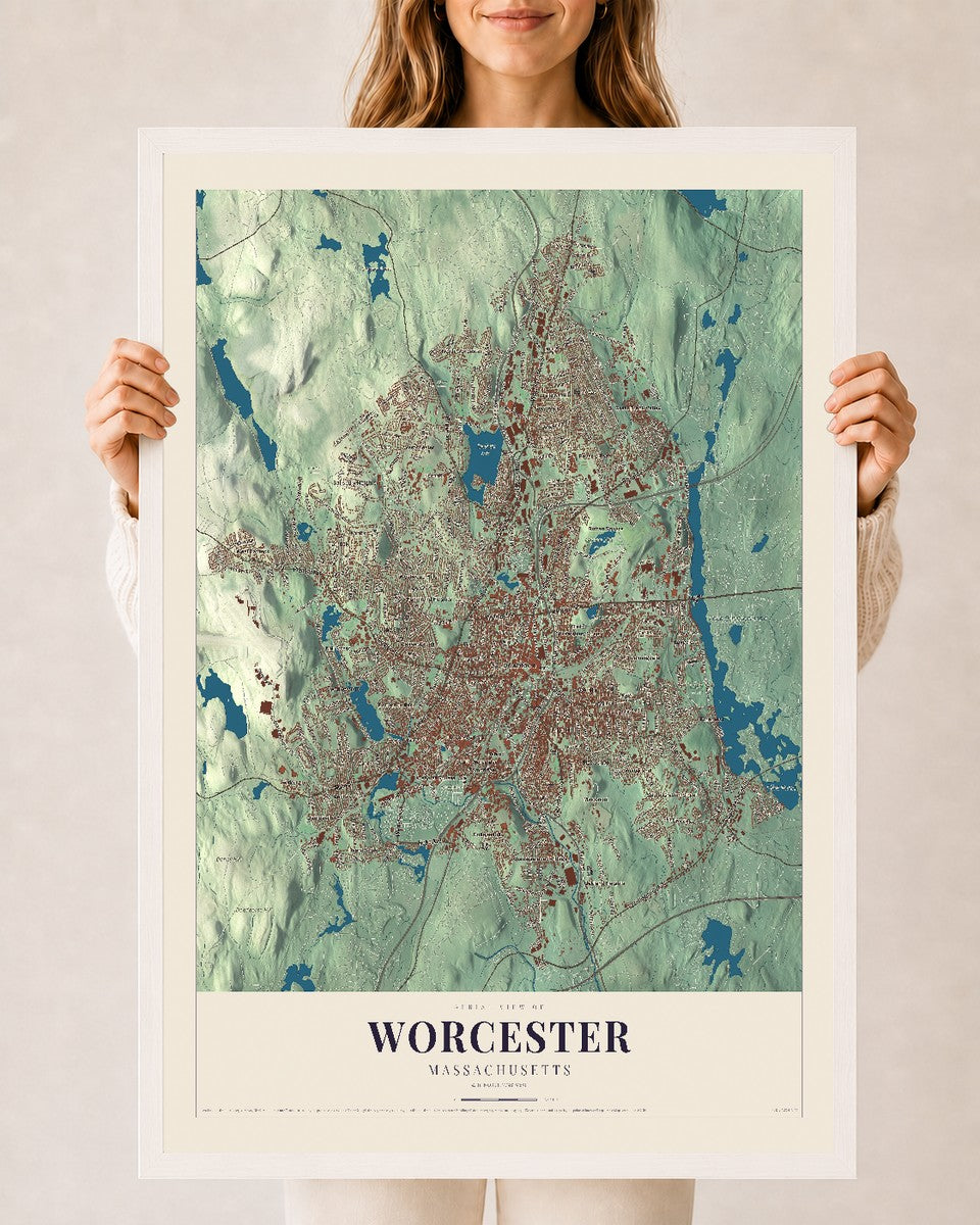 Worcester, Massachusetts map print - 24 x 36 white Ayous wood frame