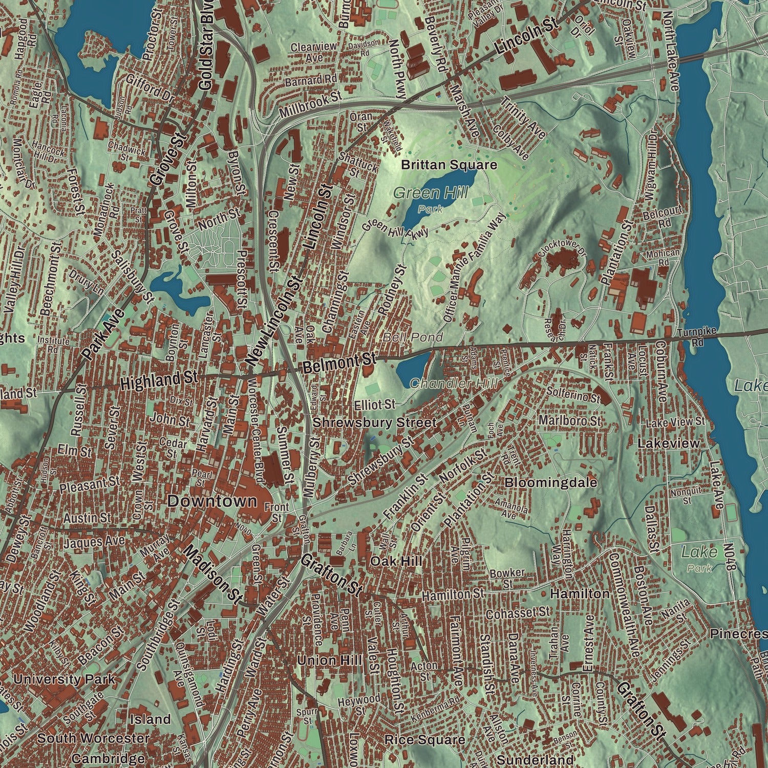 Terrain and local geography detail from the Worcester, Massachusetts map
