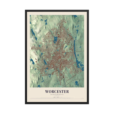 Map of Worcester, Massachusetts, 12 x 18 inch print in a black wood frame
