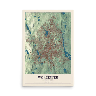 Map of Worcester, Massachusetts, 12 x 18 inch unframed archival matte print