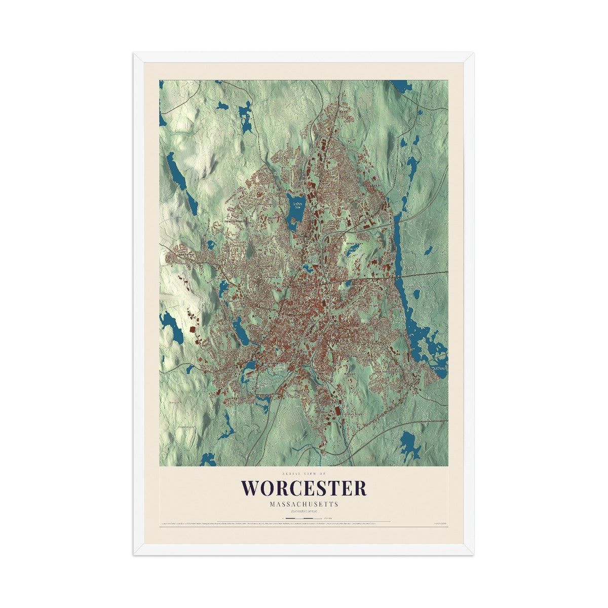 Map of Worcester, Massachusetts, 12 x 18 inch print in a white wood frame