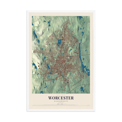 Map of Worcester, Massachusetts, 12 x 18 inch print in a white wood frame