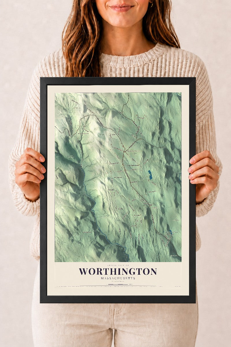 Worthington, Massachusetts map print - 12 x 18 black Ayous wood frame