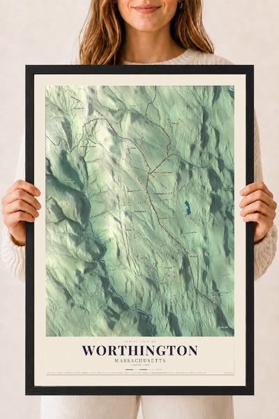 Worthington, Massachusetts map print - 18 x 24 black Ayous wood frame