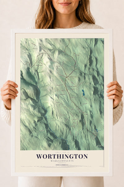 Worthington, Massachusetts map print - 18 x 24 white Ayous wood frame