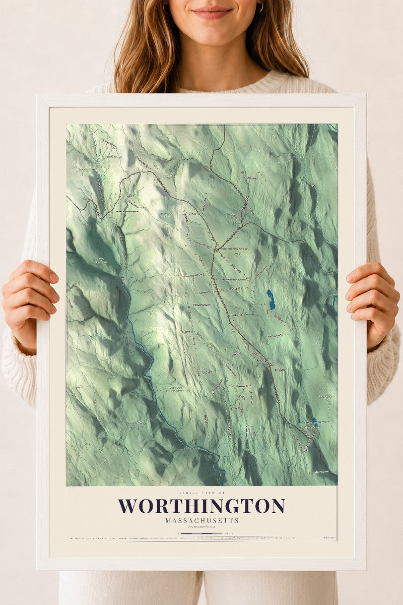 Worthington, Massachusetts map print - 18 x 24 white Ayous wood frame