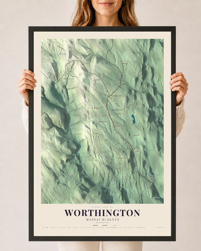 Worthington, Massachusetts map print - 24 x 36 black Ayous wood frame