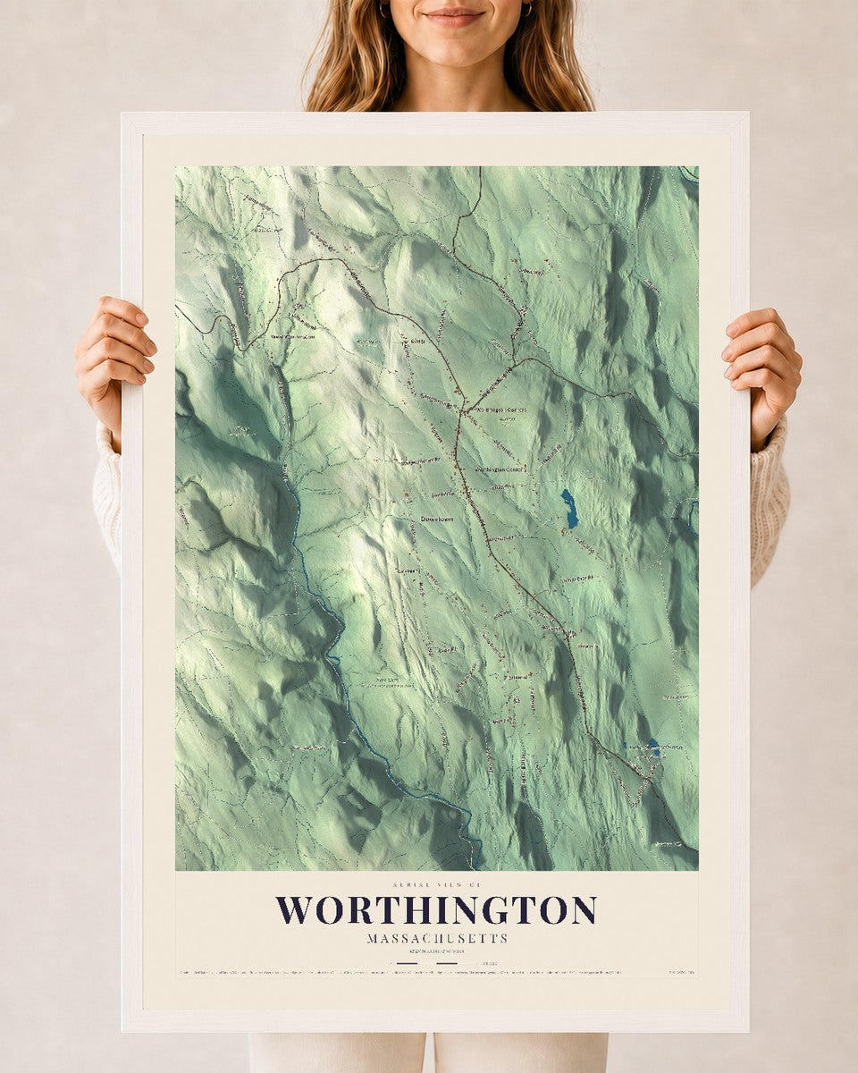 Worthington, Massachusetts map print - 24 x 36 white Ayous wood frame