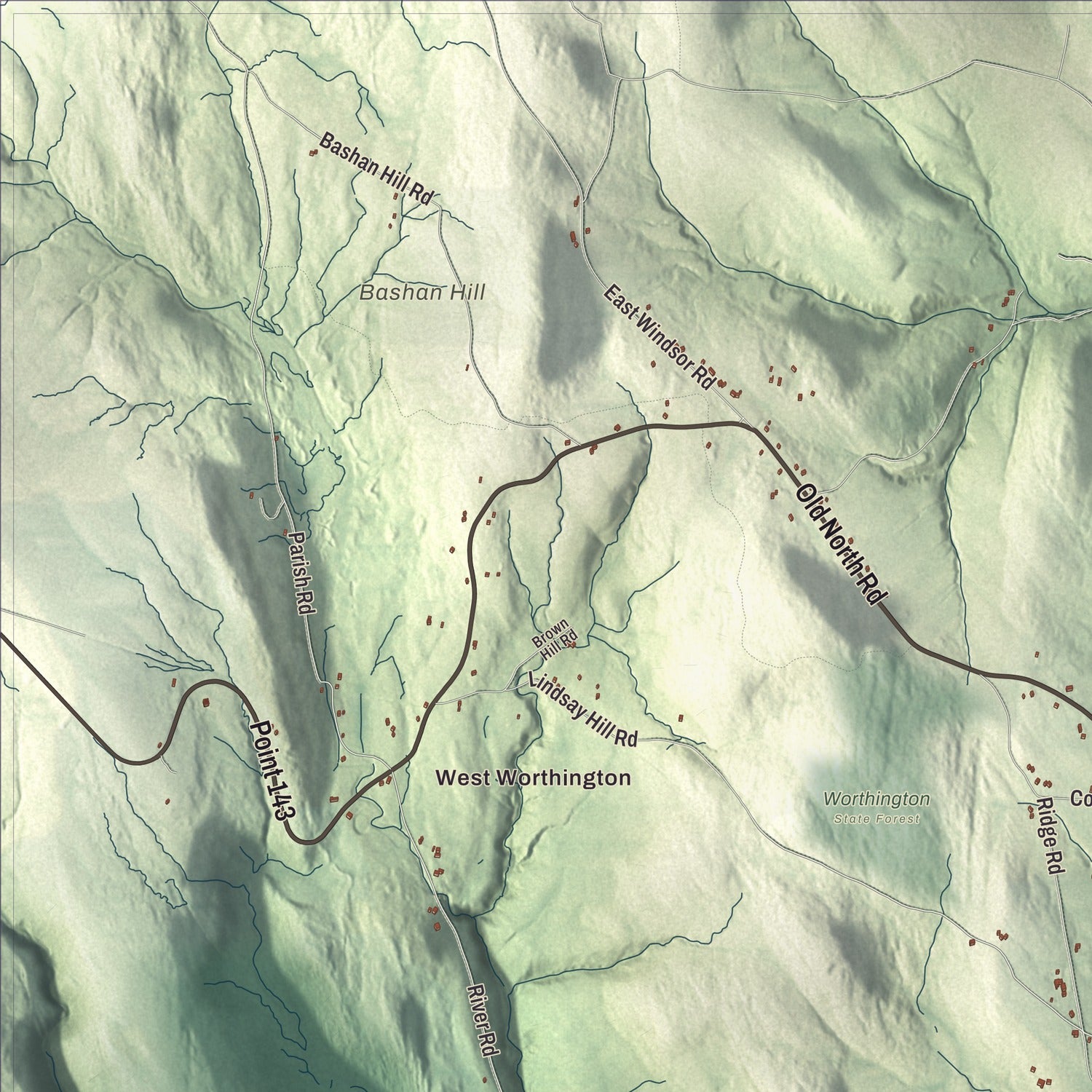 Terrain and local geography detail from the Worthington, Massachusetts map