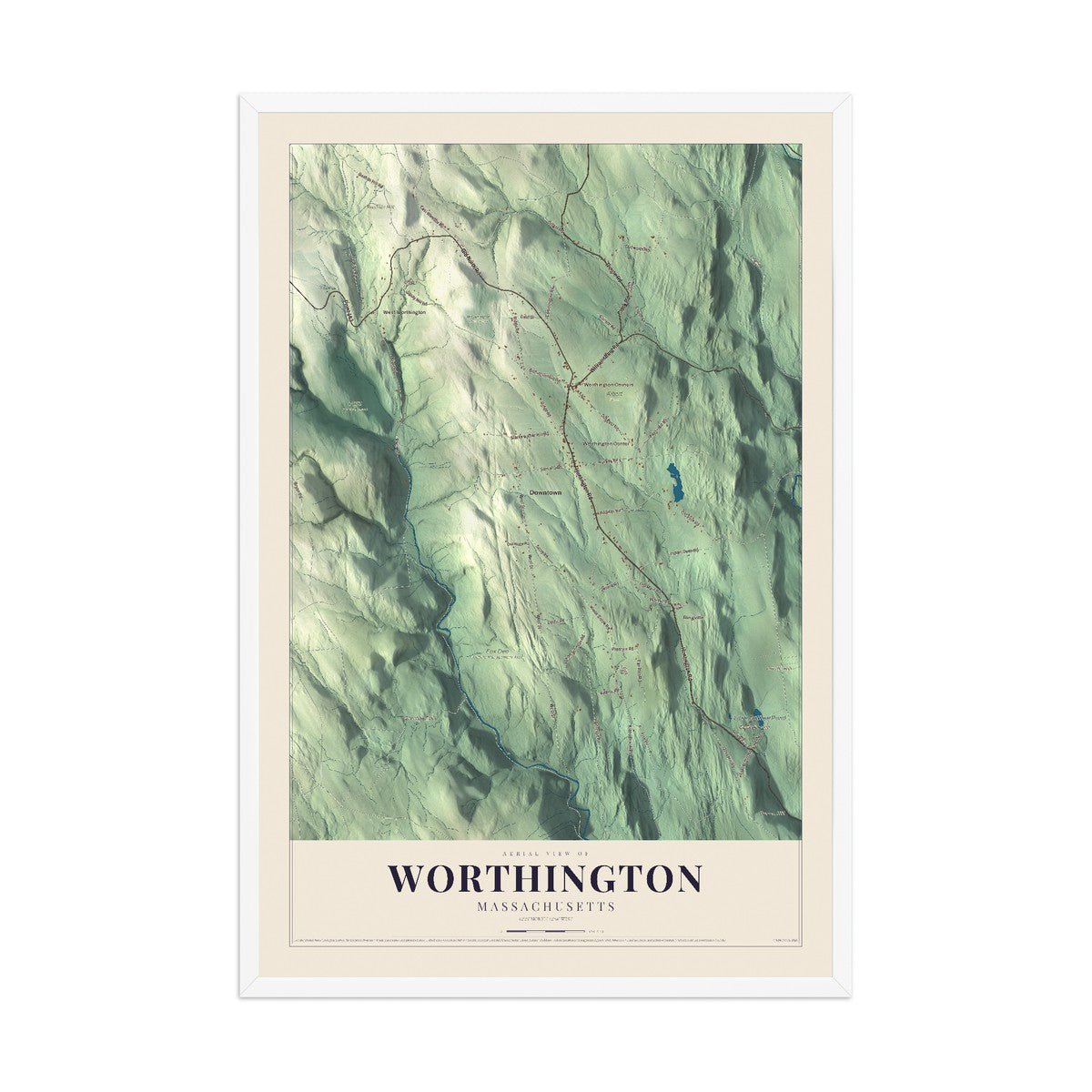 Map of Worthington, Massachusetts, 12 x 18 inch print in a white wood frame