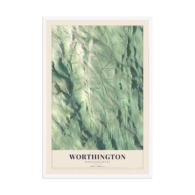 Map of Worthington, Massachusetts, 12 x 18 inch print in a white wood frame