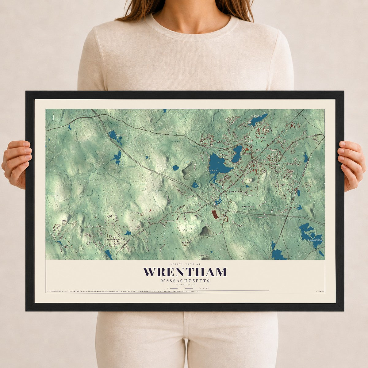 Wrentham, Massachusetts map print - 12 x 18 black Ayous wood frame