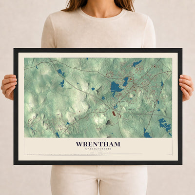 Wrentham, Massachusetts map print - 12 x 18 black Ayous wood frame