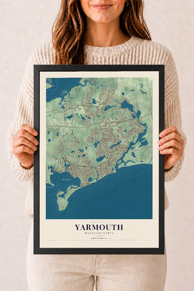 Yarmouth, Massachusetts map print - 12 x 18 black Ayous wood frame